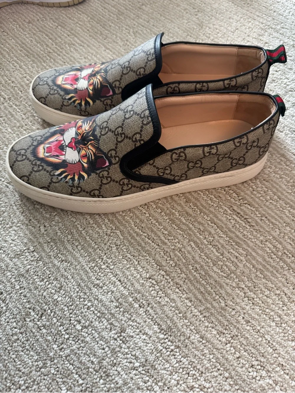 Gucci Brown GG Supreme Slip-On Sneakers with Multicolor Tiger Motif